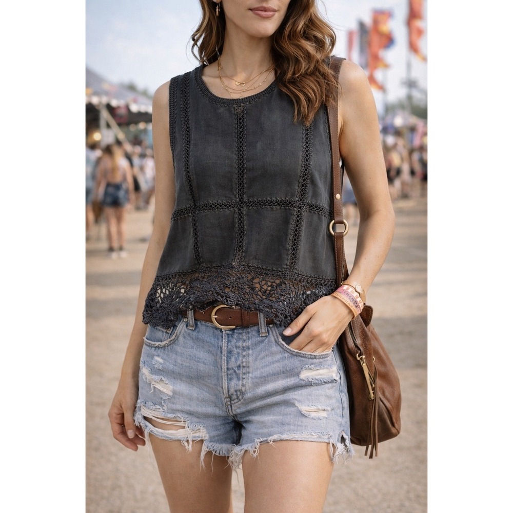 Imagio Black Genuine Leather Crochet Lace Patchwork Tank Top Small Boho Festival